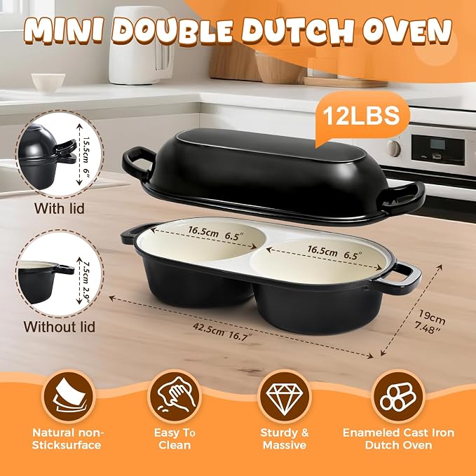 Mini Double Dutch Oven for Sourdough Bread Baking, 2.2QT (Black) | Enamelled Cast Iron Bread Pan with Lid, Double Round Loaf Space, 16.5cm Diameter, Mini Double Dutch Oven for Homemade Baking