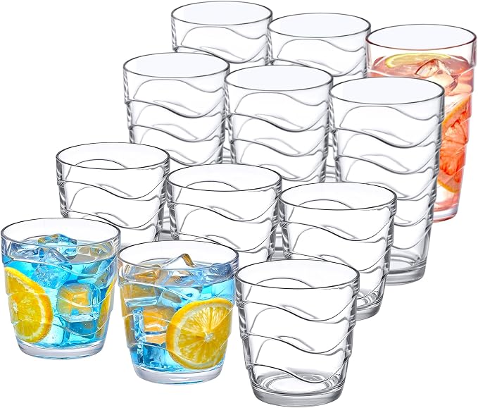 Amazing Abby - Wavely - 14-Ounce and 20-Ounce Plastic Tumblers (Set of 12), All-Clear Reusable Plastic Cups, Stackable, BPA-Free, Shatter-Proof, Dishwasher-Safe