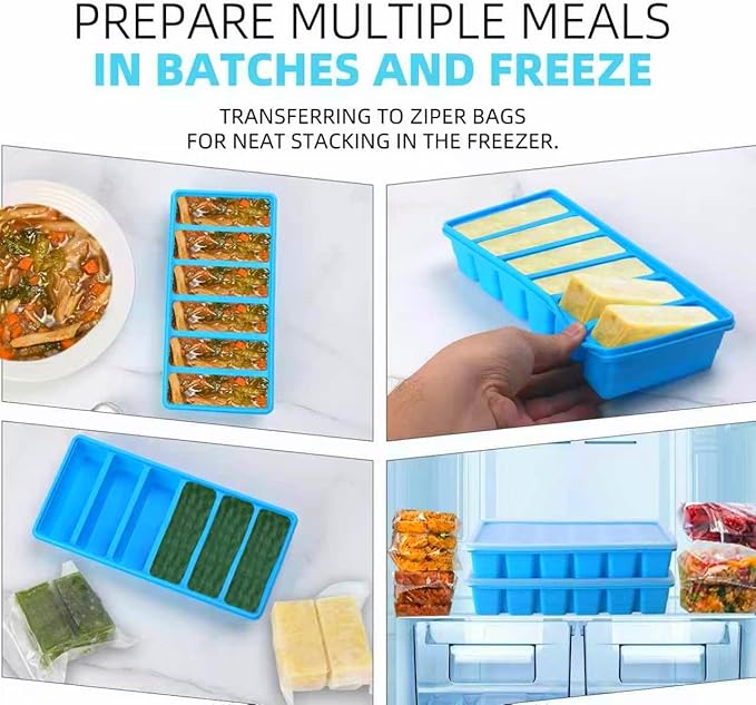 1/2 Cup Silicone Freezer Tray With Lid - Silicone Freezer Molds 2 Pack For meal prep & freezing of various sauces and other dishes, makes 12 perfect 1/2 cup portions cubes (Blue 2 Pack)