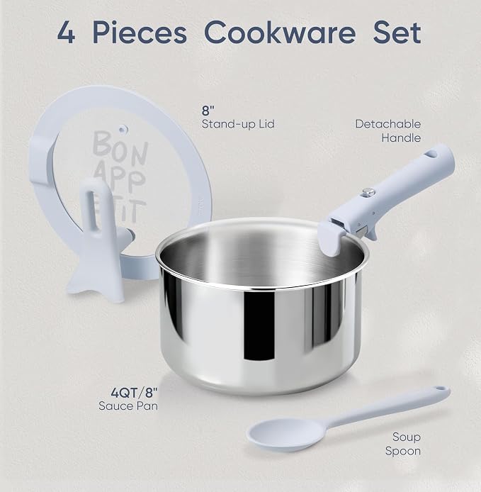 CAROTE 4QT Stainless Steel Sauce Pan with Stand-Up Lid, Nonstick Stainless Steel Pot with Detachable Handle, Non Toxic Kitchen Saucepan, Induction Kitchen Cookware, Oven Safe to 600°F