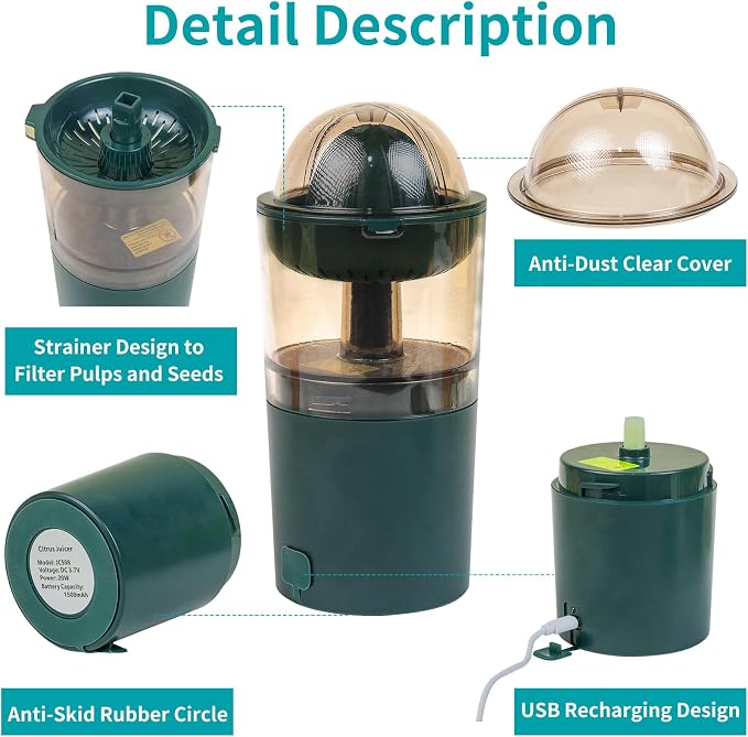 Citrus Juicer Electric auto on off by hand press Orange Juicer squeezer with Pulp Control Strainer Lemon Squeezer for lime grapefruit pomegranate with Powerful motor Portable (Dark Green)