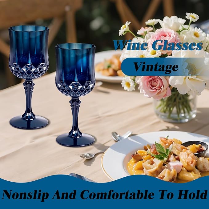 Ciaell 24PCS Blue Plastic Wine Glasses - 7 Oz Plastic Goblets for Party - Blue Vintage Drinking Glasses - Disposable Water Goblets Set for Wedding, Bar, Wine, Beer, Juice