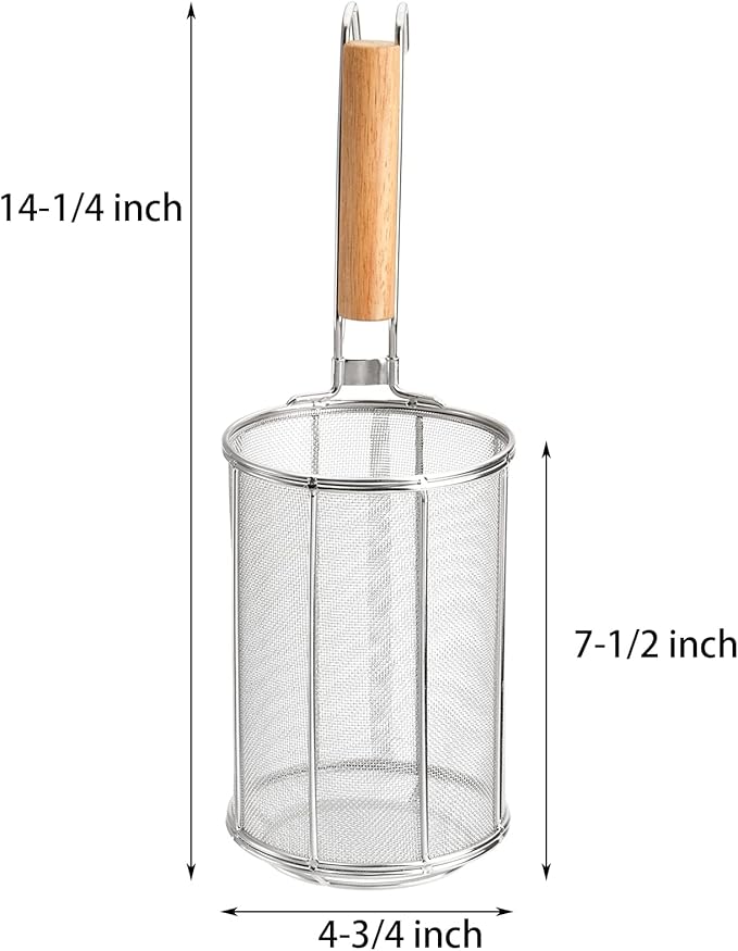 TOPZEA Spaghetti Pasta Strainer Spoon, Stainless Steel Noodle Strainer with Wood Handle, Kitchen Mesh Spider Strainer Food Strainer, Deep Fry Basket for Rinsing, Straining, Draining