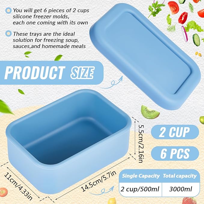 Teenyyou 6 Packs Silicone Soup Freezer Molds with Lid Silicone Soup Freezer Trays Rectangle Reusable Food Preserving Tray Freezing Sauces Stews (Dark Blue, High-grade Gray,2 Cup)