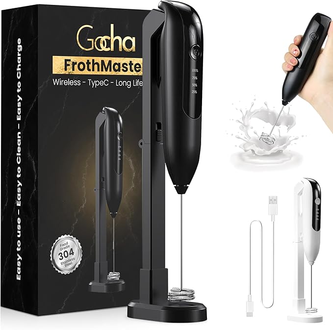 GOCHA | FrothMaster X2 Rechargeable Milk Frother – 2-Speed Handheld Foam Maker for Coffee, Lattes, Matcha – USB-C Charging, Stainless Steel Whisk, Stand Included (Black)