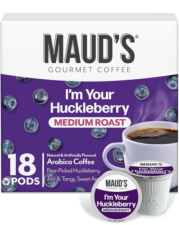 Maud's Huckleberry Flavored Coffee Pods, 18 ct, Medium Roast Flavored Coffee in Single Serve Pods – 100% Arabica Beans, Compatible with Keurig K Cups Maker