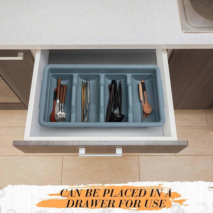 Maxdot 3 Pcs 20.5 x 11.9 x 3.7 Inch Silverware Organizer with Lid, Commercial 4-compartment Restaurant Kitchen Cutlery Tray, Plastic Silverware Storage Container, Condiments Holder (Grayish Blue)