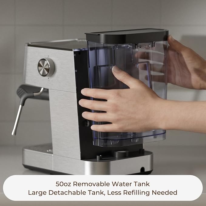 Espresso Machine with Temperature Display, 20 Bar Stainless Steel Espresso Maker with Milk Frother, Small Cappuccino & Latte Machine with 50oz Removable Water Tank for Home, Silver