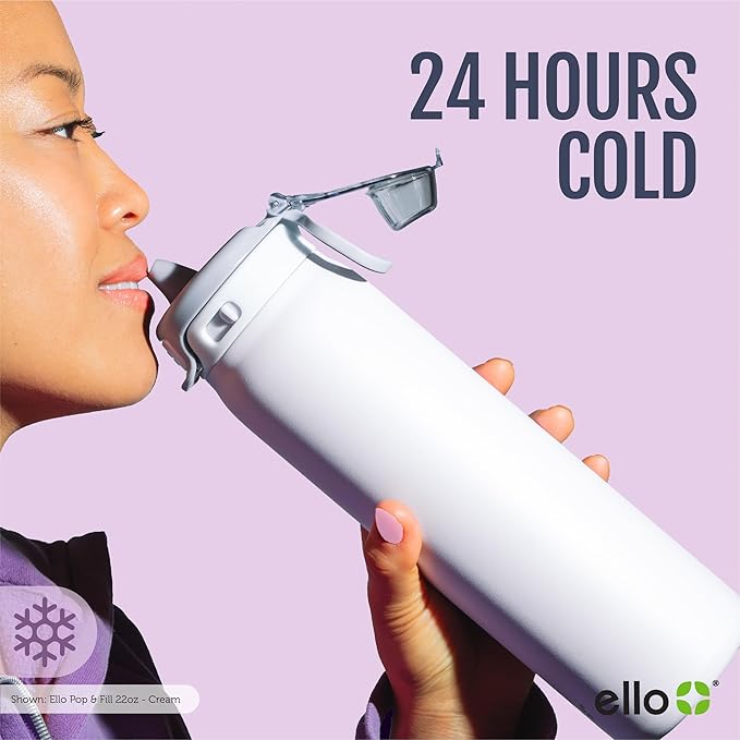 Ello Pop & Fill 40oz Stainless Steel Water Bottle with Quick Fill Technology, Double Walled and Vacuum Insulated Metal, Leak Proof Locking Lid, Sip and Chug, Reusable, BPA Free, Sunset Meadow