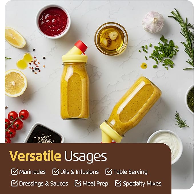 kitchentoolz Salad Dressing Shaker Bottle – 12oz Carafe Glass Bottle with Silicone Pour Spout and Tamper-Proof Lid for Sauces and Marinades - Salad Dressing Dispenser Container