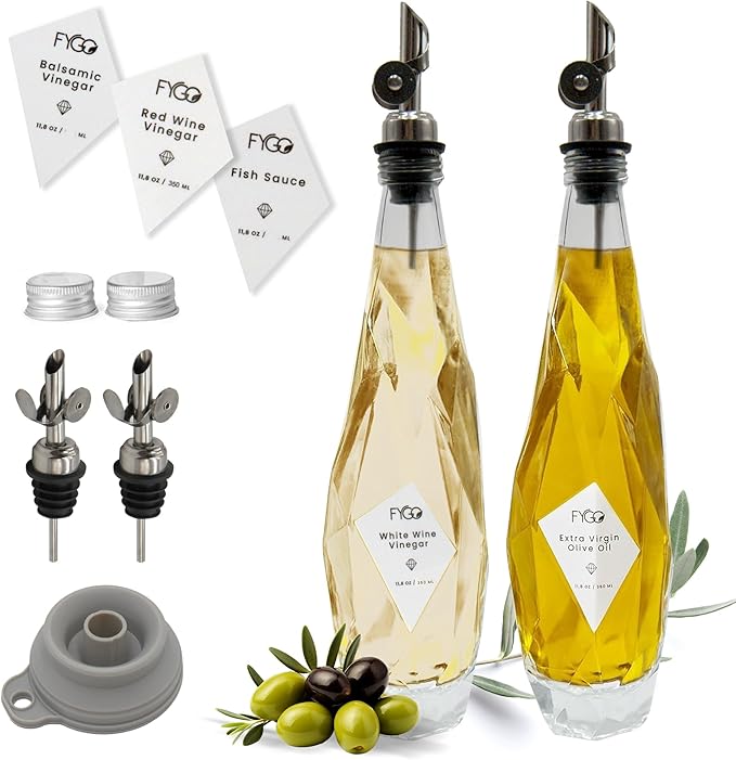 FYGO Diamond Lux Olive Oil Bottle Dispenser - Olive Oil Container- Oil and Vinegar Dispenser Set with Pourer and Funnel - Bottle for Kitchen - 350ml - Set of 2