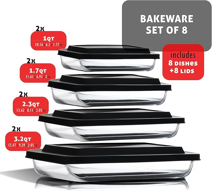 Nestl 16 pc Glass Baking Dishes for Oven, Glass Food Storage Containers with Lids, Leakproof Casserole Dishes for Oven with Lid, Cooking, Microwave Oven Freezer Safe Bakeware, 9x13 Lasagna Pan Black