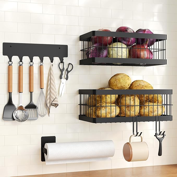 Nieifi Hanging Fruit Basket 4 Pack, Wall Mounted or Adhesive Kitchen Storage Baskets with Hooks Rack & Paper Towel Holder for Pantry, Fruit & Vegetable Storage