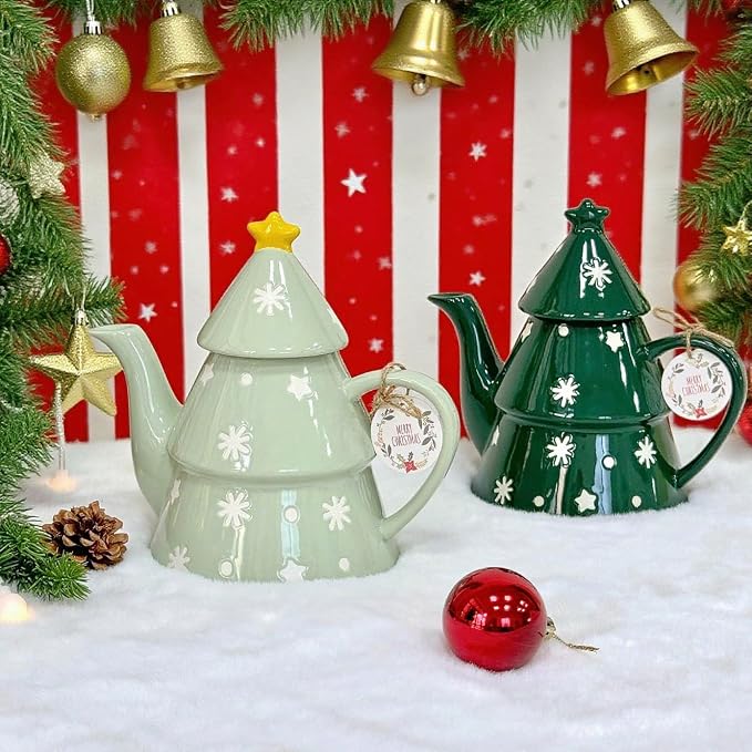 Domini Christmas Tree 28oz Teapot- Earthenware, Festive Holiday Serveware, Brewing Warm Winter Drinks - Beautiful Addition To Your Festive Table