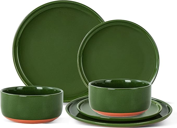 6 Piece Ceramic Plates and Bowls Sets for 2, Elegant Green | Stoneware Dinnerware Set, Dishwasher & Microwave Safe, Handcrafted, Perfect for Family and Gatherings