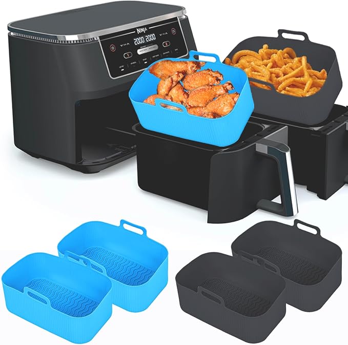 Silicone Air Fryer Liners for Ninja - Reusable 8 Qt Bowl for Foodi DZ201 Dual Basket Airfryer - Rectangular 2-pack 2025 Upgraded Food Safe Silicone Baking Tray Pink (BLUE & BLACK)