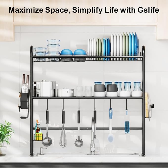 GSlife Over The Sink Dish Drying Rack, 2 Tier Above Sink Dish Drainer Drying Rack with Utensil Holder for Kitchen Counter, Rustproof Kitchen Plate Organizer, Black