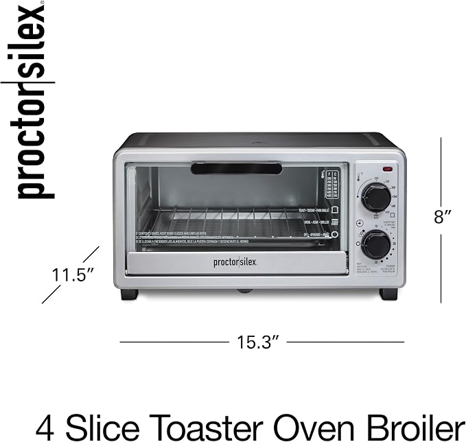 Proctor Silex 4 Slice Countertop Toaster Oven | Bake, Broil, Toast | 200-450⁰F Adjustable Temp | 30 Minute Timer | Automatic Shutoff | Black and Silver | 31260G