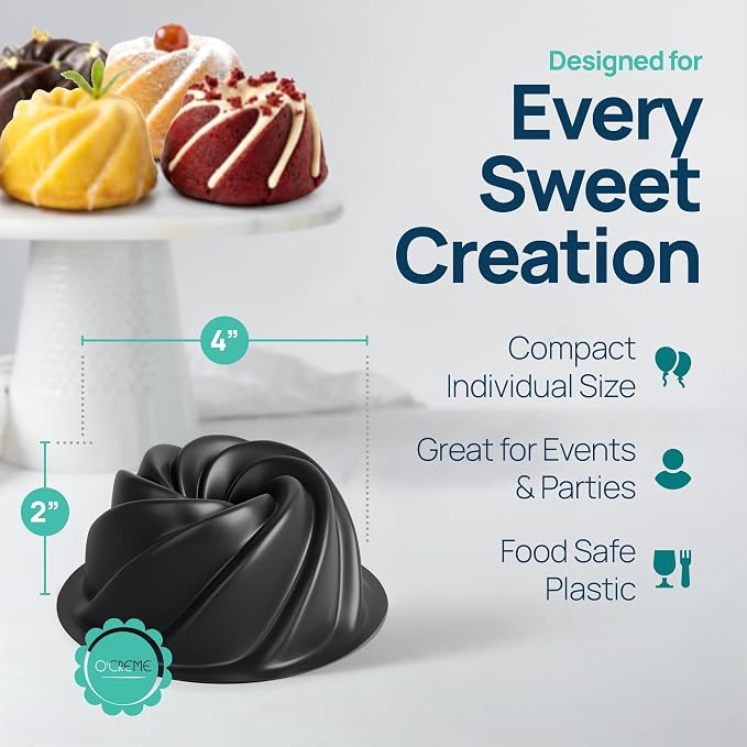 O'CREME Bakeable Plastic Mini Swirl Cake Pan, Baking Pan With Non-Stick Silicone, Reusable nonstick baking molds, Durable, Lightweight, Easy Storage for Baking and Much More - 50 QTY Pack