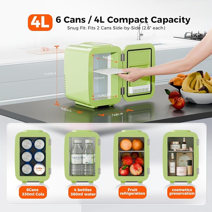 Mini Fridge for Bedroom - 4 Liter/6 Can Mini Makeup Fridge, 110V AC/ 12V DC Portable Thermoelectric Cooler&Warmer for Skincare, Drink, Cosmetic, Medicine, Small fridge for Bedroom, Office, Dorm, Car