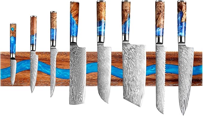 Magnetic Knife Holder, 15.7 Inch Walnut Wood and Resin Magnetic Knife Bar for Wall, Heavy Duty Magnet Holds 8 Knives, Handcrafted Ocean Blue (Ocean's Embrace)