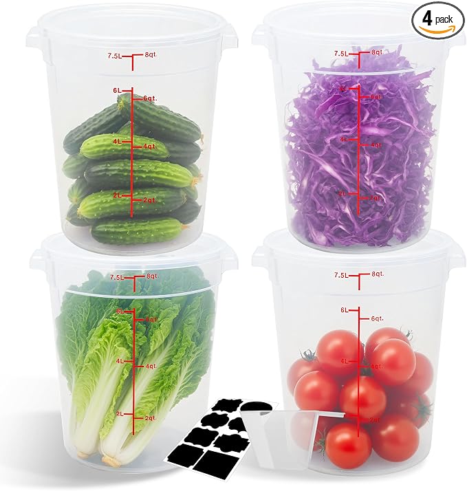 4 Pack 8QT Round Food Storage Containers with Lids | NSF, BPA-free PP containers with scale, label and measuring cup, stackable for prep, storage, freezer. Dishwasher safe