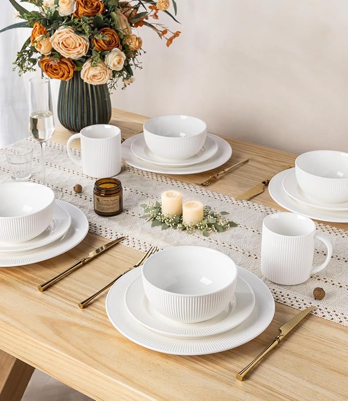 TheTerra Stoneware Dinnerware Sets for 6, 18 Pieces Ceramic Plates and Bowls Sets, Scratch Resistant Embossed Dish Set, Oven, Microwave & Dishwasher Safe, Bright White
