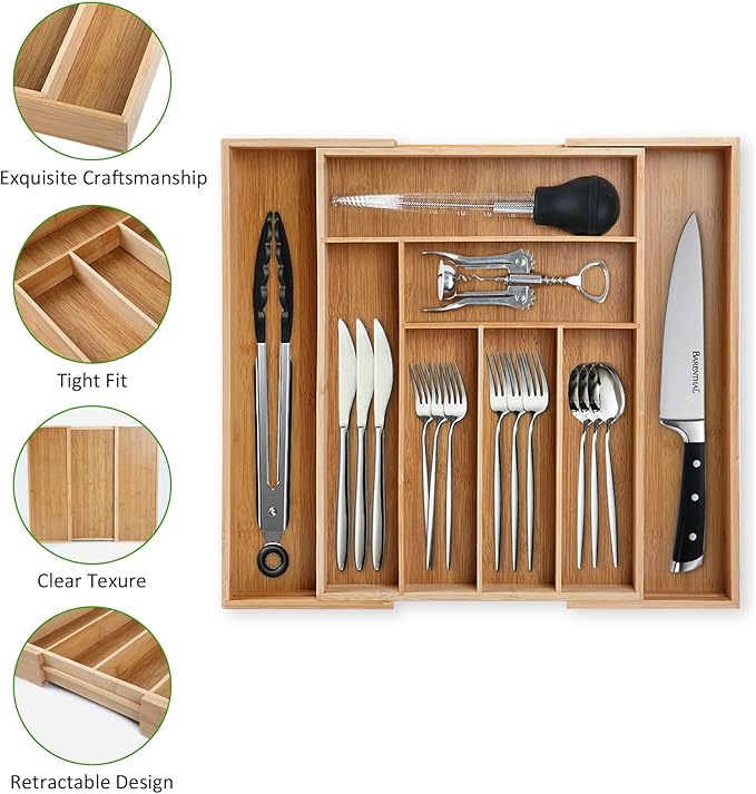 large Expandable Silverware Drawer Organizer - Bamboo Kitchen Organizers and Storage, Adjustable Silverware Organizer, Utensil Drawer Organizer for Kitchen Organization (6-8 Slots)
