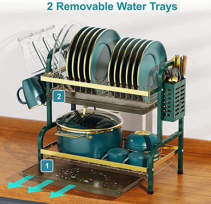 Dish Drying Rack,2 Tier Stainless Steel Dish Rack Drainboard Set,Utensil Holder, Cutting Board Holder,Dish Drainer for Kitchen Counter,Space-Saving (Green Gold)