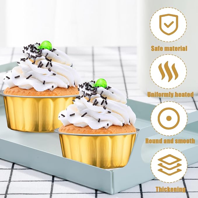 100 Pcs 8 oz Aluminum Foil Cup with Lids Disposable Ramekins with Lids Disposable Ramekin Baking Cups Foil Cupcake Containers for Wedding, Christmas, Kitchen, Party (Silver, Gold, 8 oz)