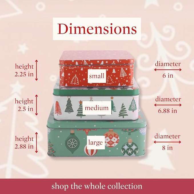 Steel Mill & Co Tin Containers with Lids, 3 Pack Christmas Cookie Tins, Festive Cookie Tins for Gift Giving & Holiday Treats, Square Metal Nesting Containers, Ornaments and Trees