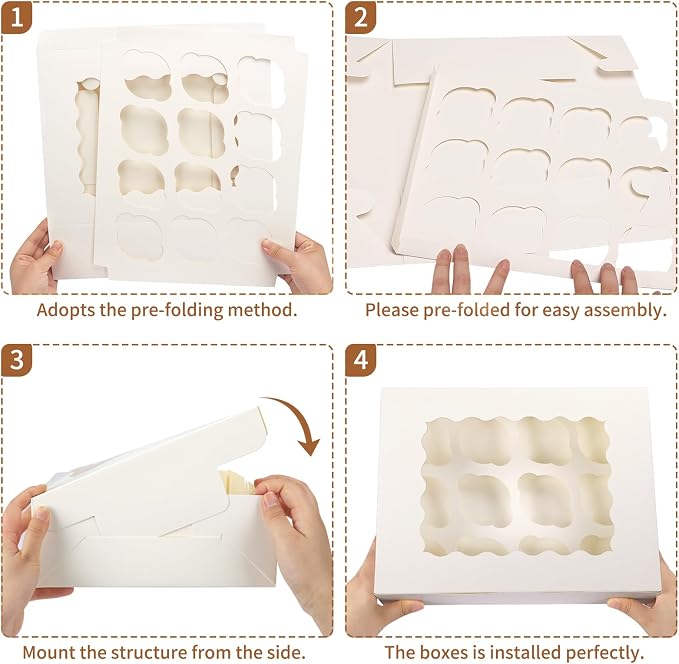 TOMNK 20pcs Cupcake Boxes, Cupcake Boxes 12 Count, 13x10x3.5 Inch White Containers Bakery Holders with Windows and Inserts to Fit Muffins, Cookies