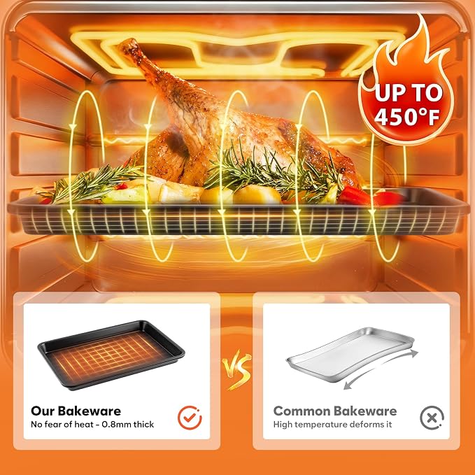 Nonstick Baking Sheet Set with Cooling Rack, 4-Piece Cookie Sheets for Baking, 0.8mm Heavy Duty Carbon Steel Oven Pans, Ceramic Coated Half Sheet, Jelly Roll Pan & Quarter Sheet, PFOA/PTFE Free