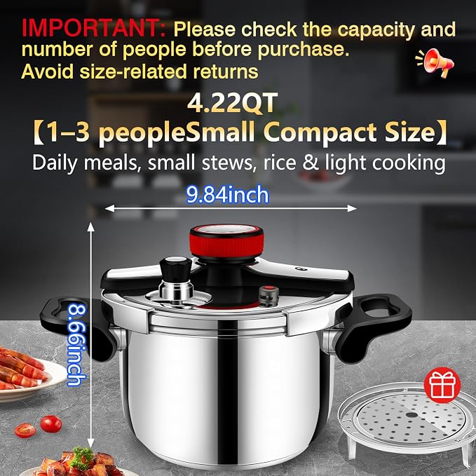Stainless Steel Pressure Cooker 4 quart Commercial Stove Top Pressure Cooker for canning, One-Hand Locking, Compatible with Gas & Induction, Fast Cooking for small Meals, Dishwasher Safe, mini