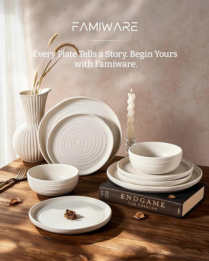 Famiware Pluto Stoneware Dinnerware Sets, 12-Piece Double Reactive Glaze Plates and Bowls Sets, Dishware Sets for Everyday & Formal Dining, Irregular Edge Dishes, Service for 4, Matte Beige White