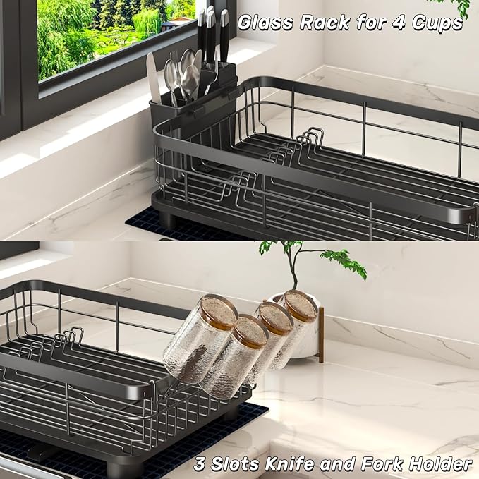 Godboat Dish Drying Rack, Dish Rack with Auto-Drain & Mat, Dish Drainers for Kitchen Counter, Glass Organizer for 4 Cups, 3 Slots Utensil Holder, Gifts for Women Mothers Day, Kitchen Gadgets & Decor