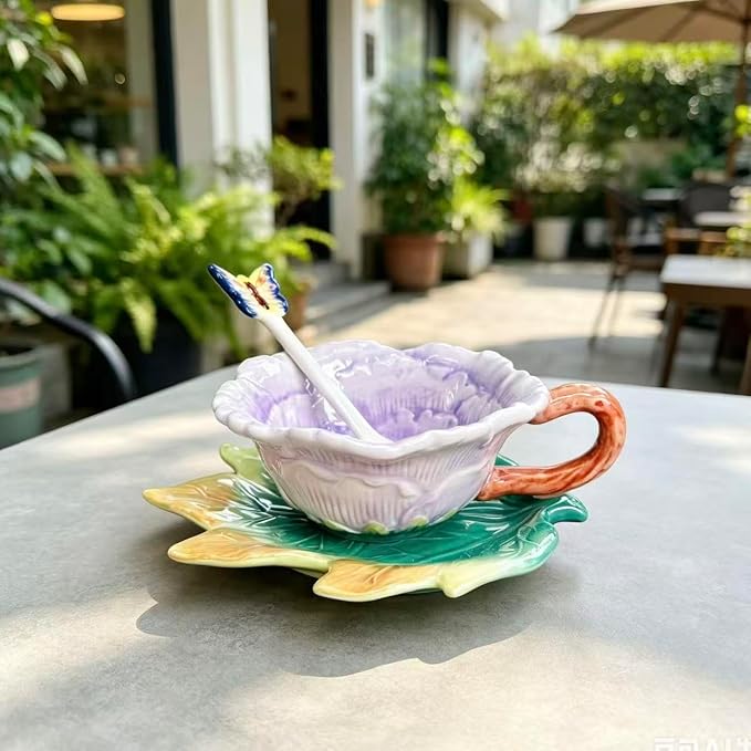 Ceramic Tea Cup and Saucer Set ，6OZ 3D Hand-painted Peony Flower Coffee Mug，Gift for Women -Purple