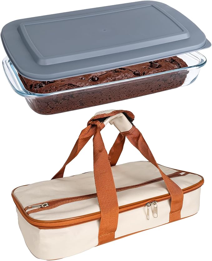 2.3QT Glass Baking Dish With Lid - Glass Casserole With Carrier Insulated Bag For Hot Or Cold Food - Large Casserole Dish For Oven Potluck Party Picnic Cookouts（Beige and brown）