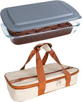 2.3QT Glass Baking Dish With Lid - Glass Casserole With Carrier Insulated Bag For Hot Or Cold Food - Large Casserole Dish For Oven Potluck Party Picnic Cookouts（Beige and brown）