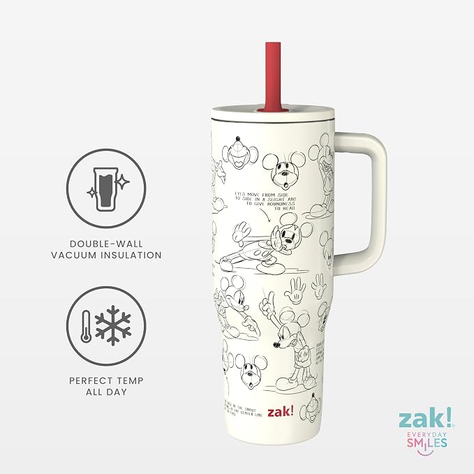 Zak Designs Disney Sutton Travel Tumbler for On the Go, 30oz Stainless Steel with Vacuum Insulation, Silicone Straw, and Carry Handle for Cold Drinks (Mickey Mouse Sketch)