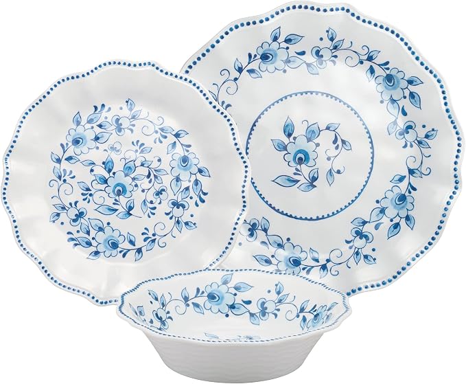 UPware 12 Piece Blue and White Floral Melamine Dinnerware Sets, Outdoor Dishes Set, Plates and Bowls Sets, Service for 4, Blue