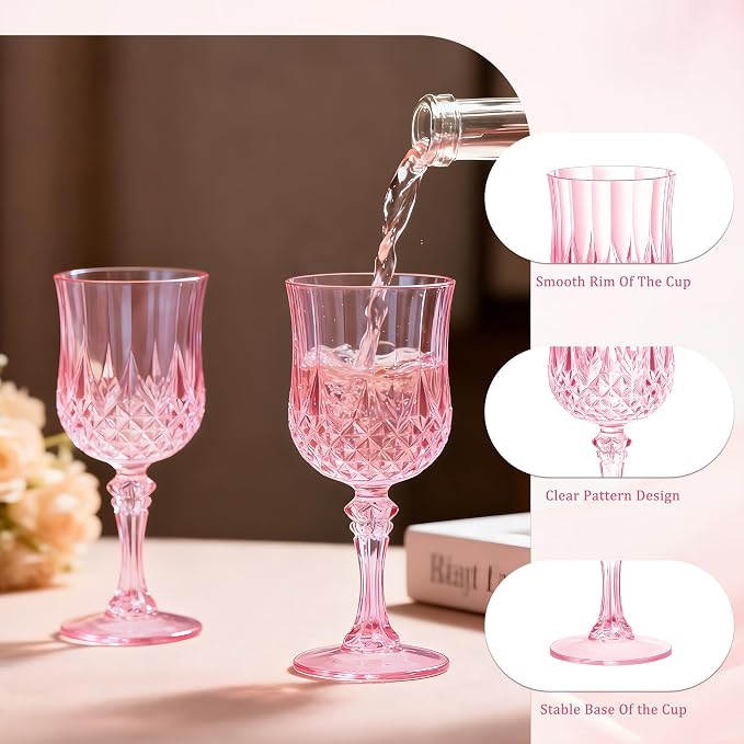 7OZ Plastic Wine Glasses, Reusable Vintage Goblets Unbreakable Drinking Glasses Crystal Water Cups Champagne for Wedding, Parties (12, Pink)
