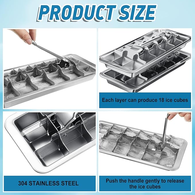 Yaocom 2 Pcs 18 Slot Stainless Steel Ice Cube Maker and Tray Ice Cube Tray for Bars Kitchens Levers Remove Cubes Easy Removal Metal Food Grade Freezer Molds for Food Juice Dishwasher Safe