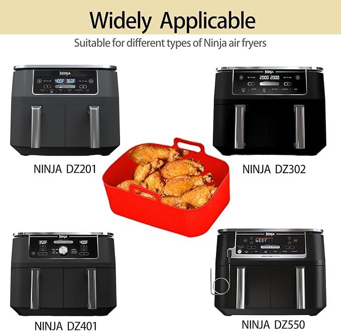 Silicone Air Fryer Liners for Ninja - Reusable 8 Qt Bowl for Foodi DZ201 Dual Basket Airfryer - Rectangular 2-pack 2025 Upgraded Food Safe Silicone Baking Tray Red (RED & BLACK)