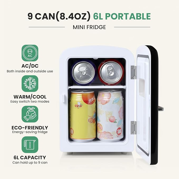 Simple Deluxe 6L/9 Can Mini Fridge with Observation Window, Portable Cooler & Warmer Freon-Free Small Refrigerator, Compact for Skincare, Beverage, Food, Cosmetics, Black