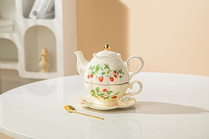 Teapot cup combo,Teapot and Teacup for One,Tea Cup and Saucer Set-Tea Pot Set Gift for Girl Women,strawberry