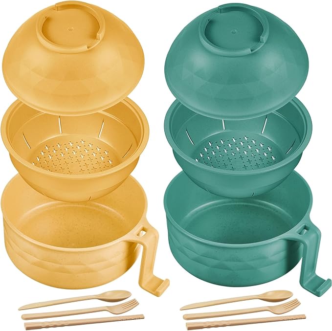 2 Sets Microwave Ramen Bowl 40 oz Wheat Fiber Portable Instant Noodle Cooker Bowl with Handles Strainer Spoon Chopstick Fork College Dorm Room Apartment Essentials(Green, Yellow)