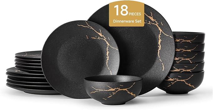 KINGSTONE Dinnerware Sets for 6, Black & Gold Plates and Bowls Sets Matte Vein Dish Set, Modern Luxury Tableware Dinner Salad Plate bowl, for Home Wedding Party Gifts (18 Piece)