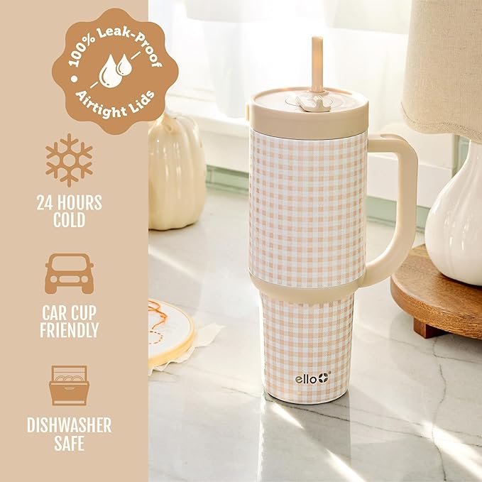 Ello Oasis 30 oz Tumbler with Handle & Retracting Straw | Reusable Insulated Stainless Steel Cup 100% Leakproof | Keeps cold for 24 Hours | Cup Holder Friendly | Beige Gingham