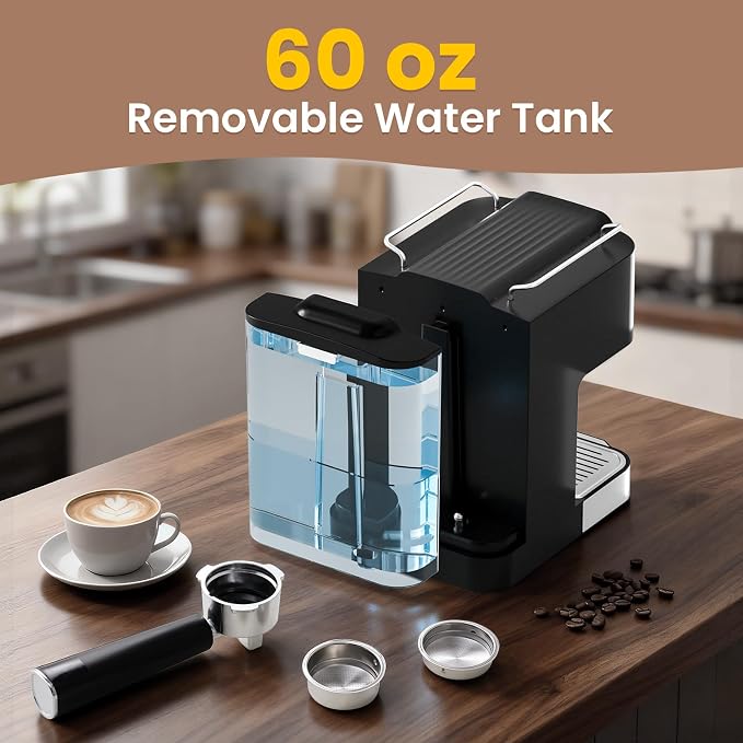 Professional 20-Bar Espresso Coffee Maker, Semi-Automatic with Steam Wand Milk Frother, All-in-One Machine with 1.8L Removable Tank for Latte Cappuccino, Easy Clean